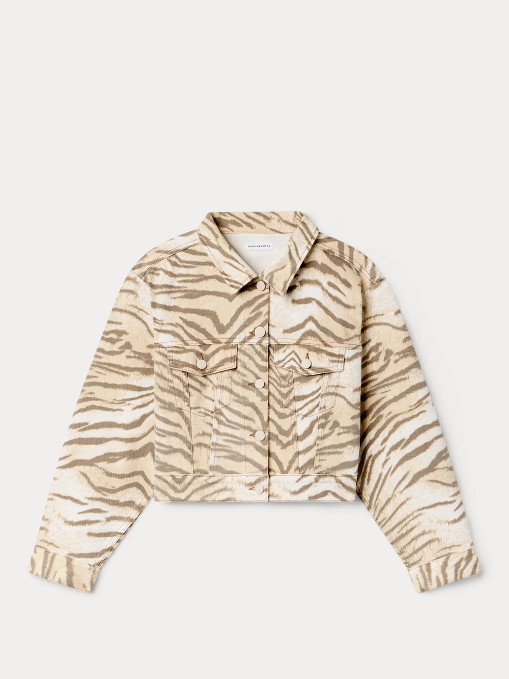 GOOD AMERICAN Essential Cropped Denim Jacket Brown Tiger Stripe